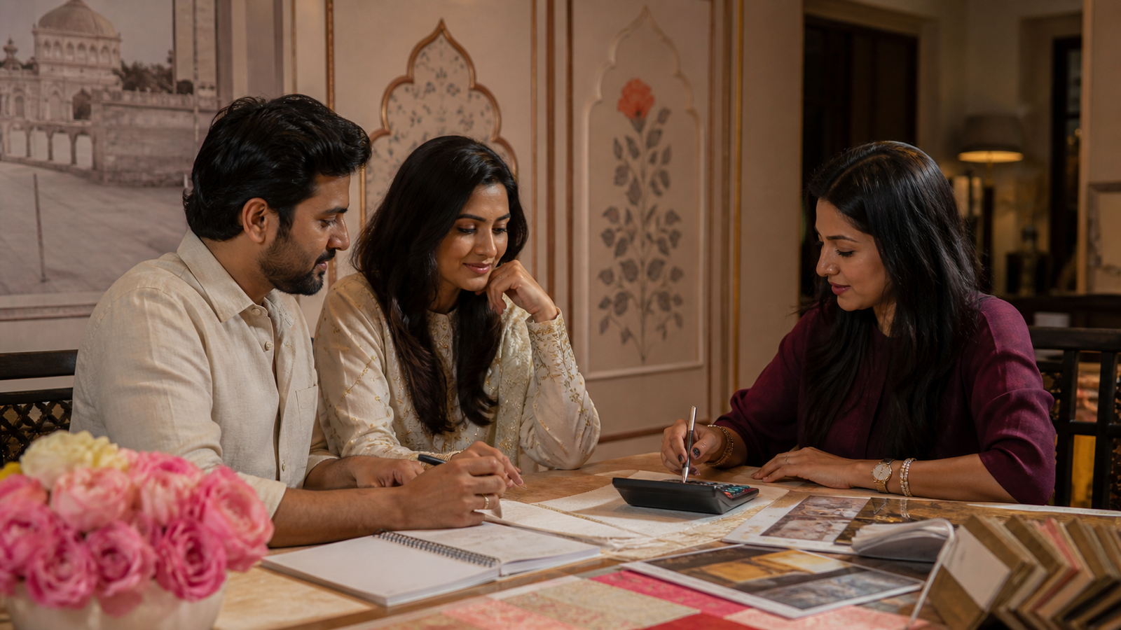 Couple discussing their Jaipur wedding budget